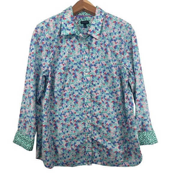 Talbots Womens Top Sz L Turquoise Ditzy Floral ButtonUp Flip Cuff Cottage Fairy - Picture 1 of 10
